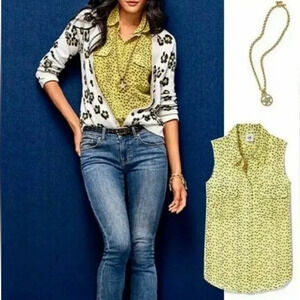 Cabi Bright Yellow Sheer Ditzy Daisy Button Down Shirt Blouse Medium